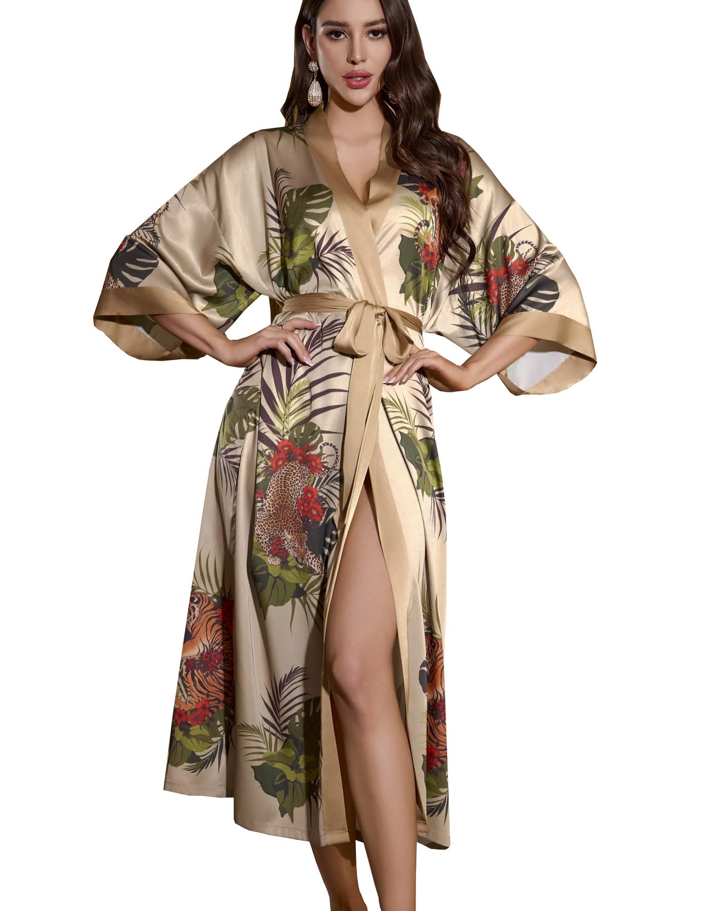 Daiwor Kout Silk Satin Robe for Women Long Kimono Floral Lightweight Bathrobe Soft Thin Ladies Luxury House Robes