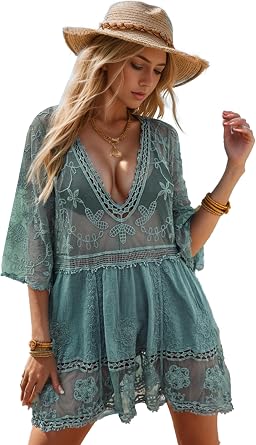 Moss Rose Womens Lace Bathing Suit Cover Up V-Neck Coverups Swimwear Swimsuit Swim Beach Dress Beachwear