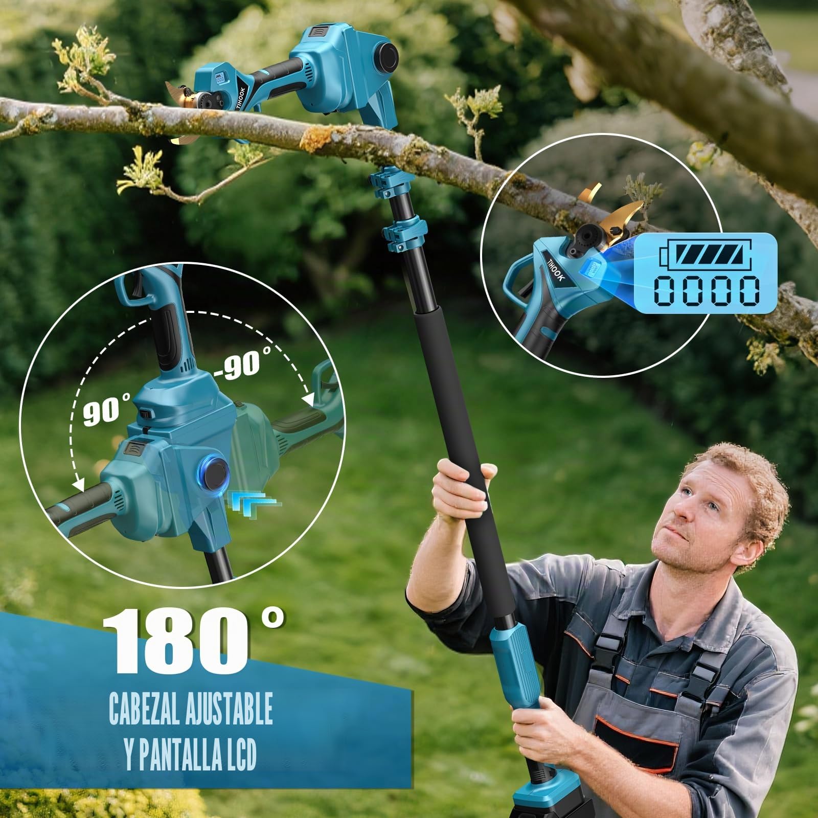 Tijeras de podar eléctricas 2 en 1 con Motor sin escobillas de 40 mm y pértiga de 2,5 m, Apertura máxima de 60 mm, para Makita BL-18V, Pantalla LCD, para podar árboles (sin batería)