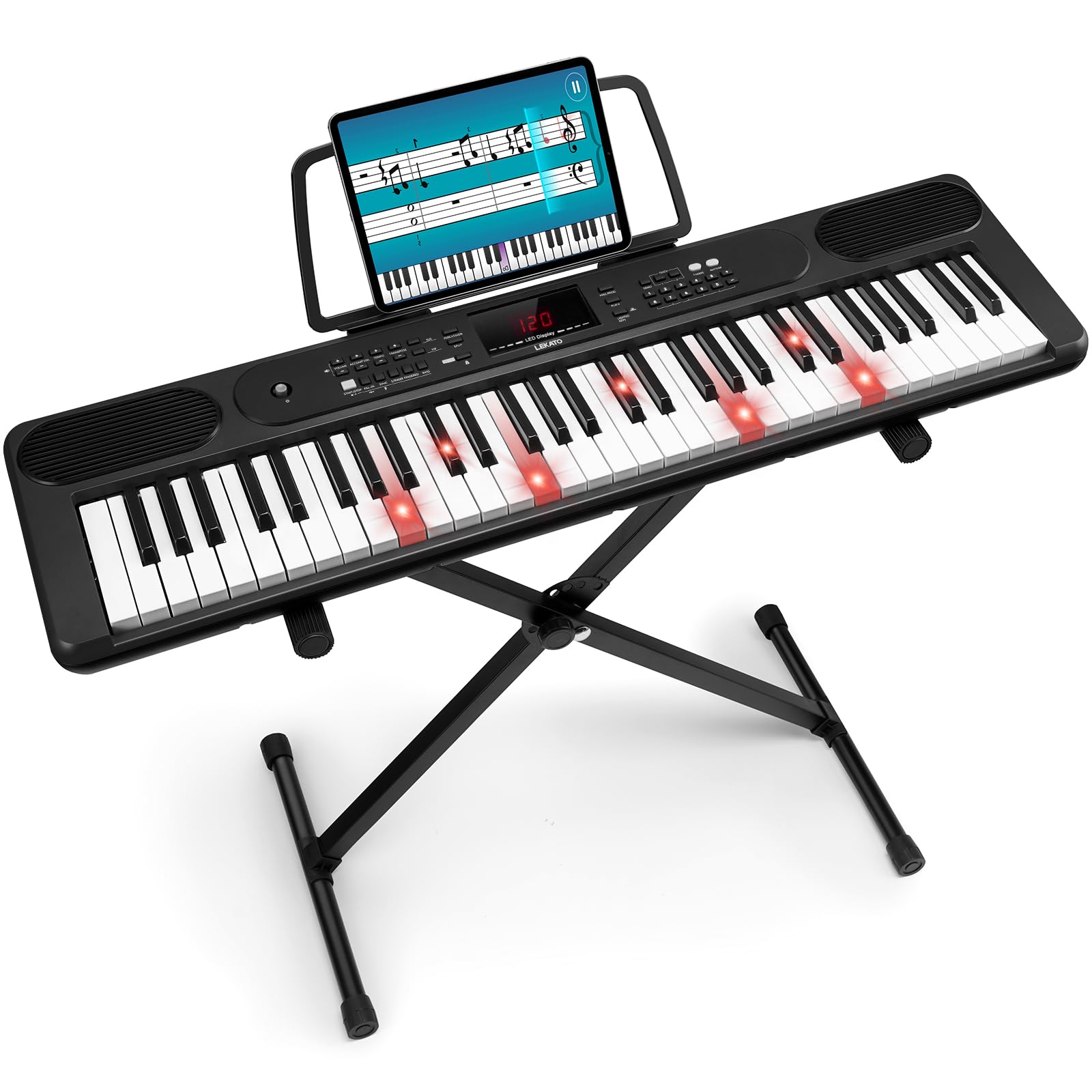 Piano digital LEKATO de 61 teclas con soporte, teclado electrónico para principiantes, teclas iluminadas, pantalla LED, modos de aprendizaje, atril, negro