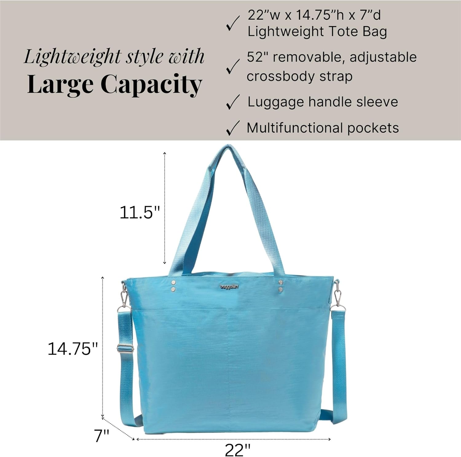 Baggallini Large Carryall Tote - Lightweight Nylon Zipper Top Weekender Travel Beach Bag w/Luggage Sleeve - Image 4
