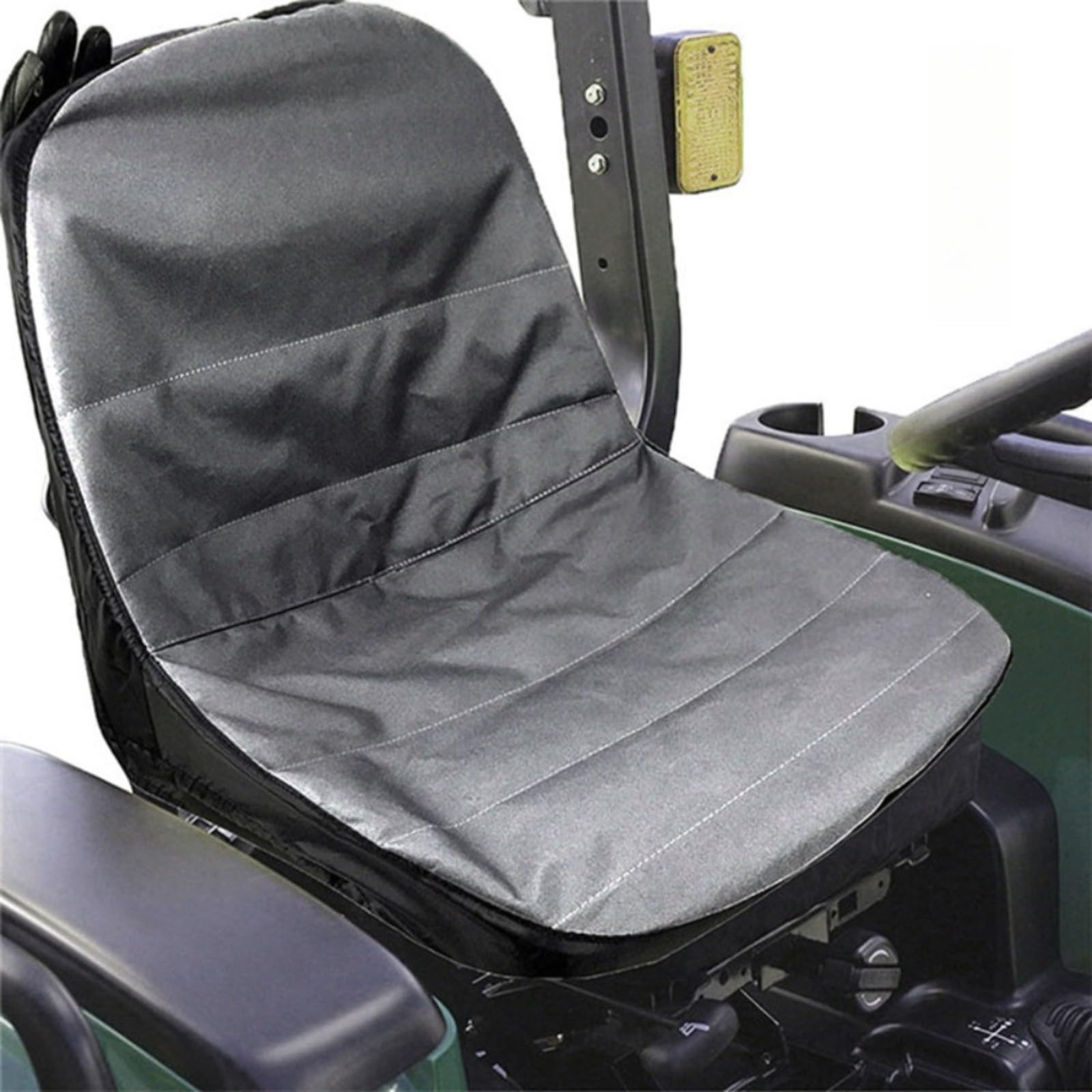 Coprisedile per trattore in tessuto Oxford 600D con scomparti per bevande e tasca posteriore, universale, adatto per tosaerba con schienale 32-36 cm, facile da installare, nero/grigio