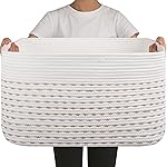 OIAHOMY 75L Blanket Basket, Woven Cotton Rope Basket for Organizing 22x17x12, Used for Living Room, Bedroom, Nursery, Light Yellow & White