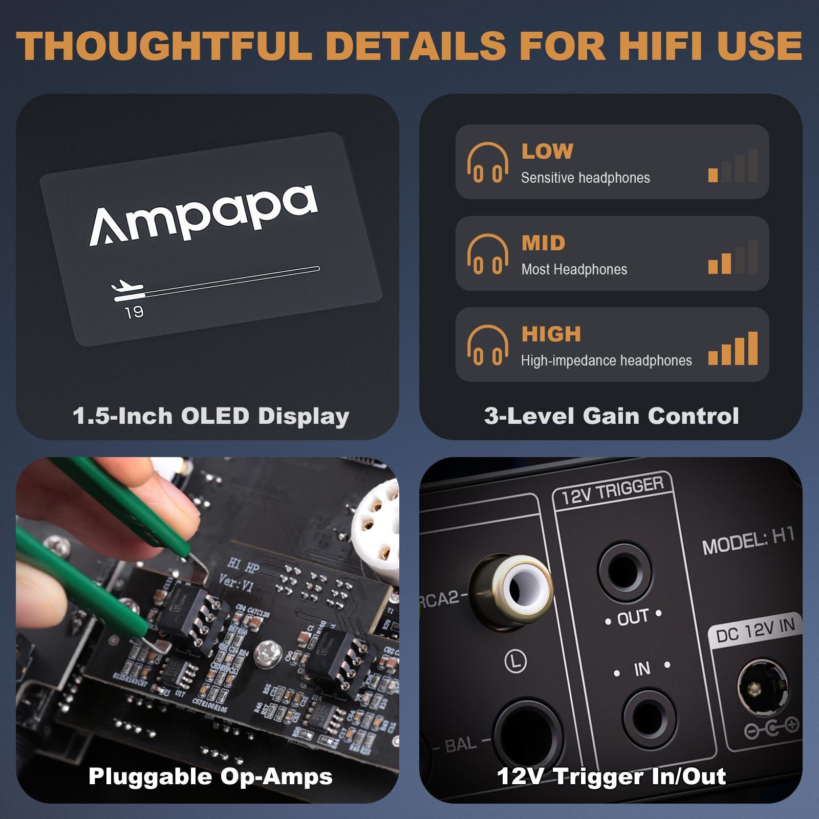 Ampapa Wzmacniacz słuchawkowy H1 Class A, wzmacniacz HiFi Stereo TRS/RCA