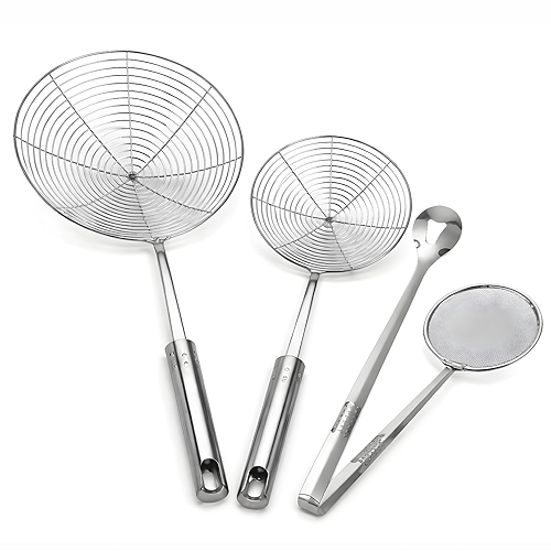 Kit Escumadeira Inox 3 Peças para Fritura I Escumadeira Grande e Média + Pegador com Penei...