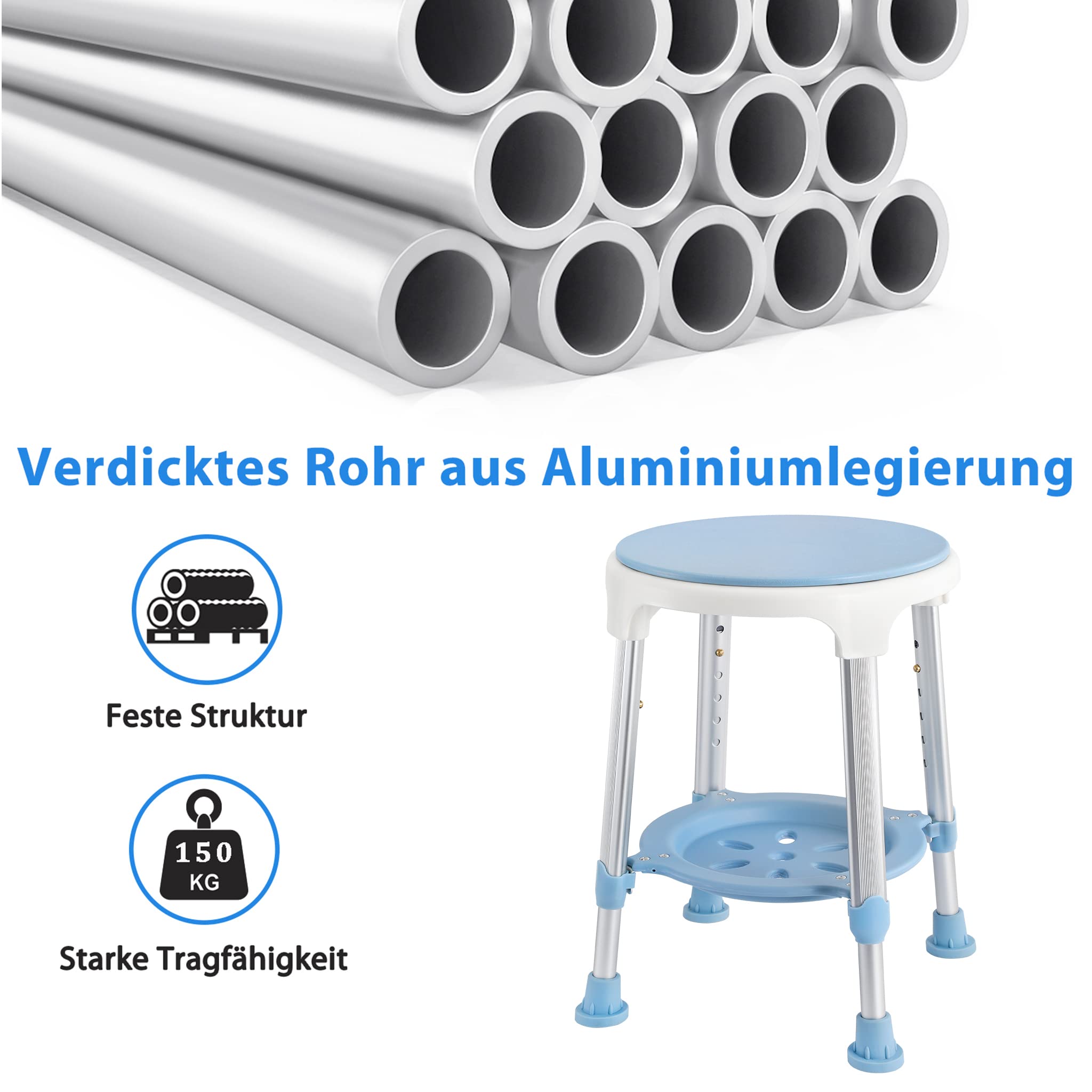 XMTECH Obracany o 360° taboret prysznicowy, taboret łazienkowy, 42-54,5 cm, regulacja wysokości, taboret łazienkowy, pomoc pod prysznic, siedzisko łazienkowe, maks. 150 kg