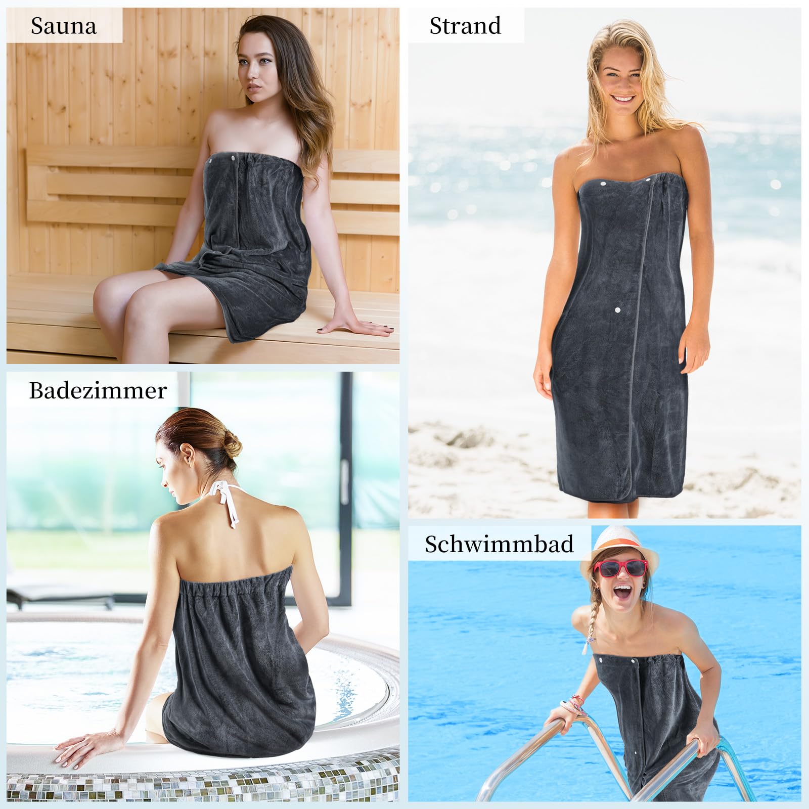 Kilt da sauna da donna, asciugamano regolabile per sauna, da donna, con bottoni a pressione, asciugamano da sauna in microfibra da 400 g/m², con tasche ed elastico, asciugamano per sauna, bagno