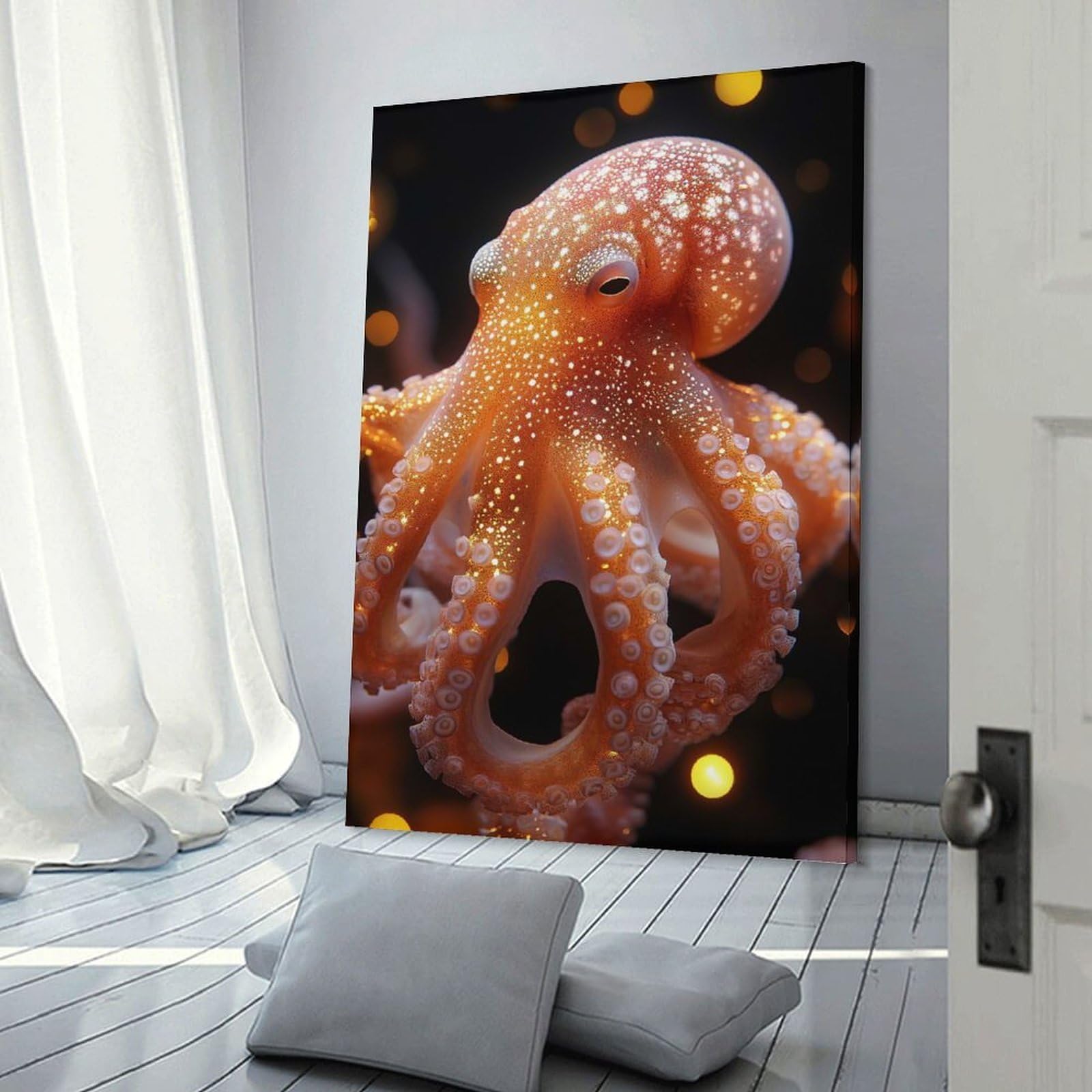 Junmoney Glowing Orange Octopus Portrait Hanging Wall Art 20x30inch(50x75cm), for New Homes, Bedrooms Or Workspaces, Thoughtful Wall Decor for Art Lovers