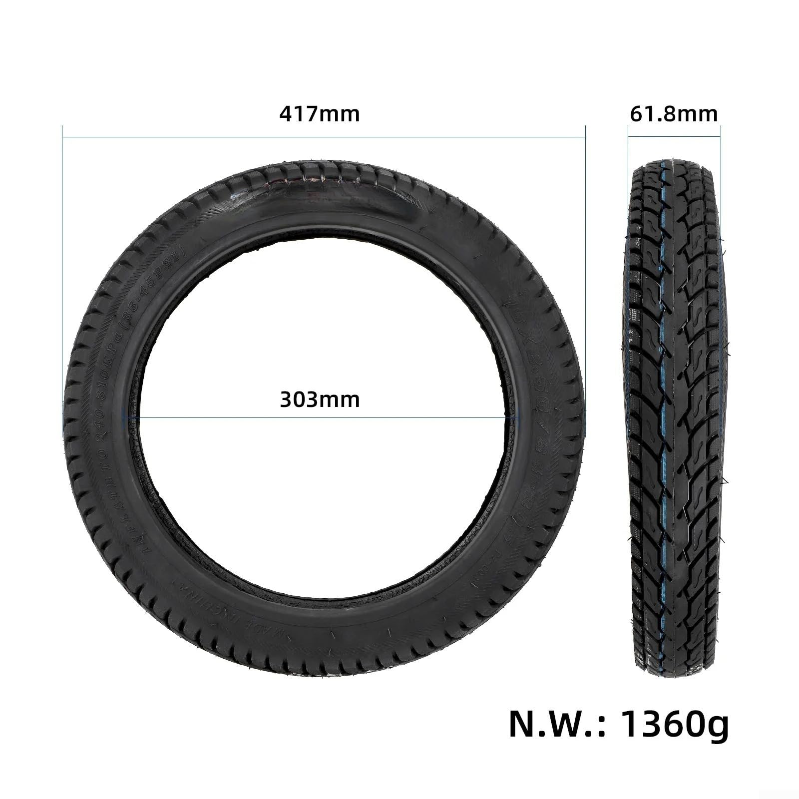 Tubeless 16x2.50 Reforzada para Scooter Eléctrico Tubeless