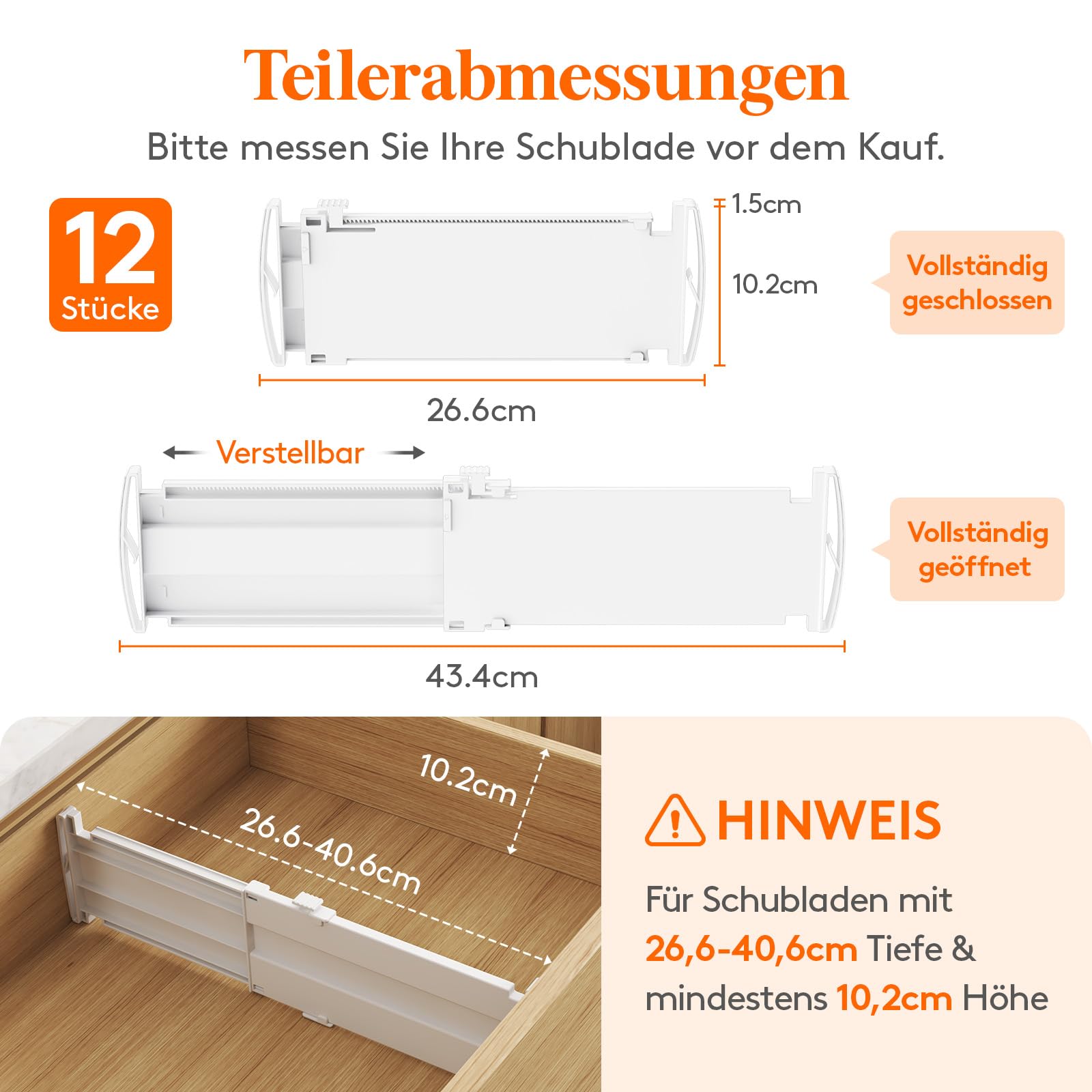 Lifewit Set di 12 separatori per cassetti, regolabili, lunghezza interna 28 – 40 cm e altezza > 10,5 cm, organizzatore per armadi, cassettiera, scrivania, cucina, bianco