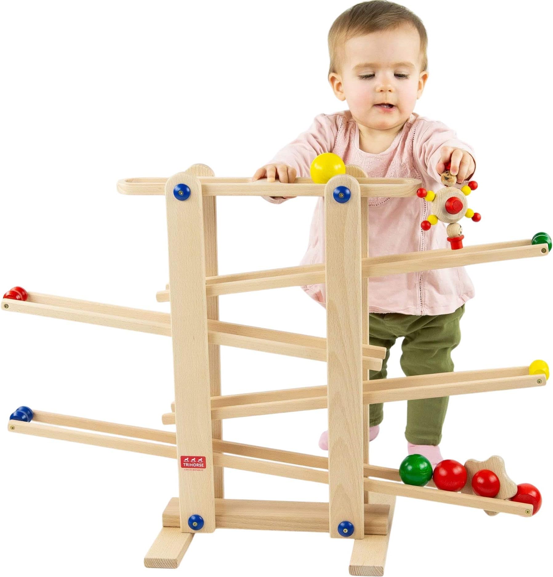 Trihorse Wooden Marble Run for Children from 1 Year Old, Very Stable with 6 Riding Toys, Made in EU
