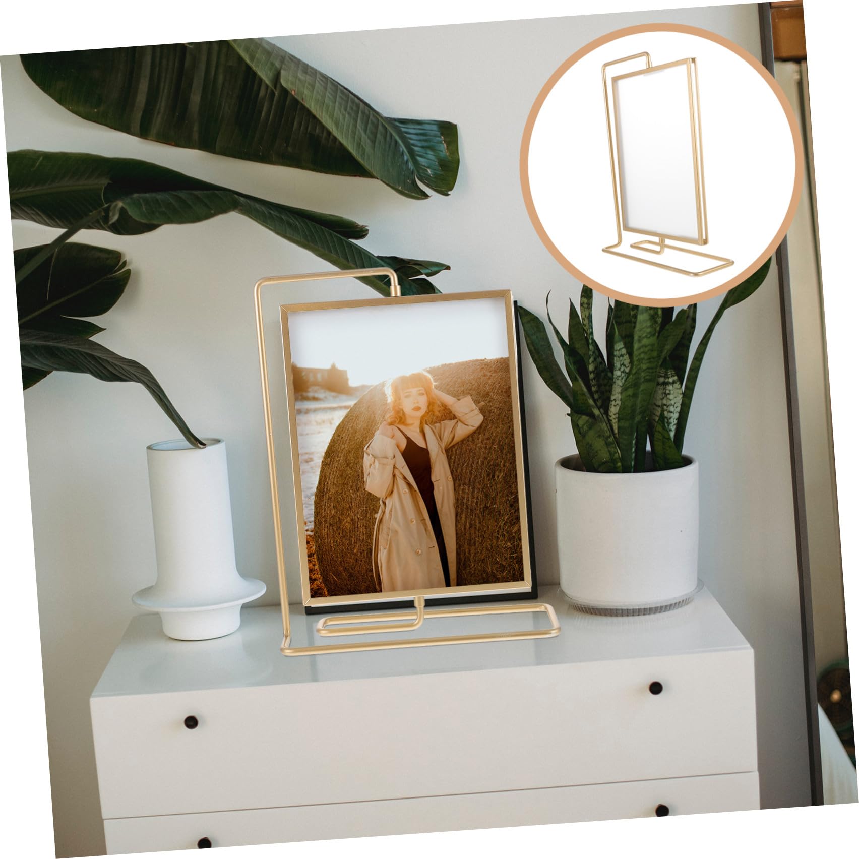 Artibetter Marco de Fotos Dorado Giratorio de 8 Pulgadas de Doble Cara Estructura Metálica y Acrílica para Decoración de Hogar y Mesa