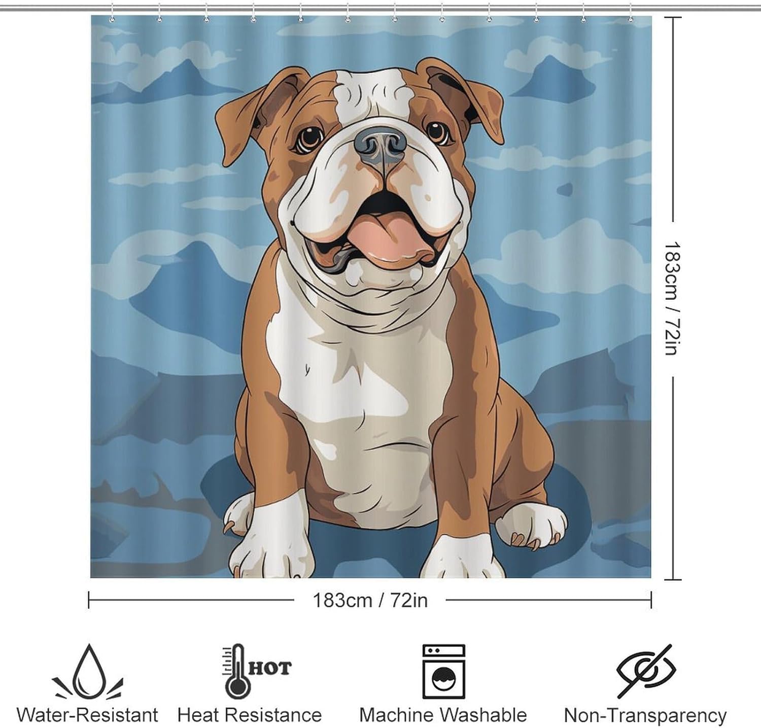 English Bulldog Seamless Illustration 4Pcs Shower Curtain Set with Non-Slip Rugs, Toilet Lid Cover and Bath Mat,Bathroom Set Decor Accessories,Curtain Set with 12 Hooks, 72 X 72 Inch