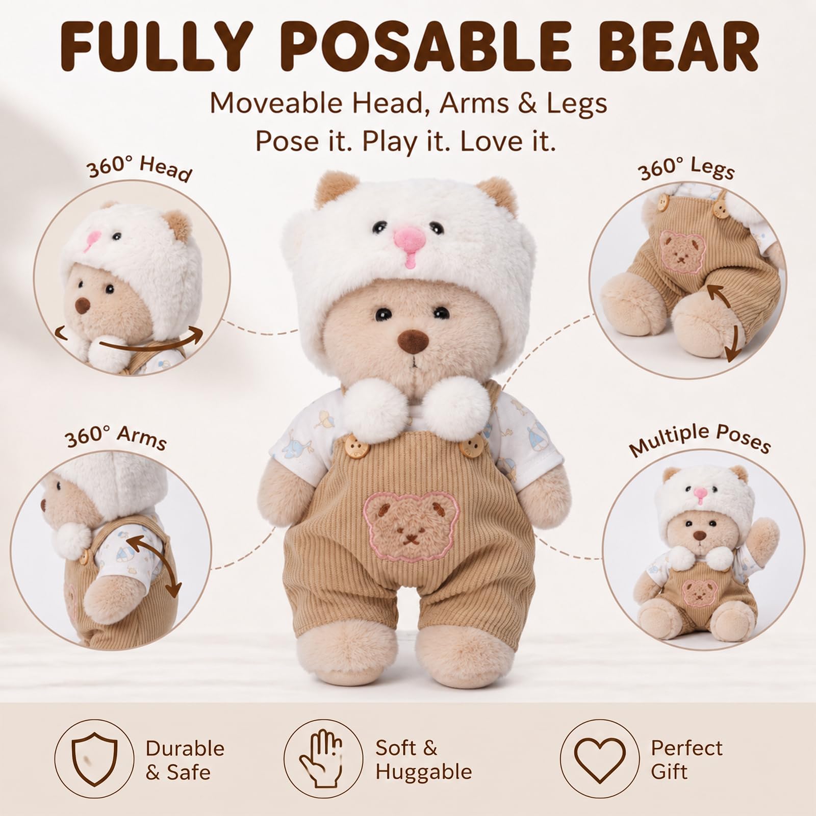 Teddy Angels Orsacchiotto di peluche da 30 cm, con un capo di abbigliamento, regalo per bambini, ragazze, donne, compleanno, (vestito di agnello marrone)