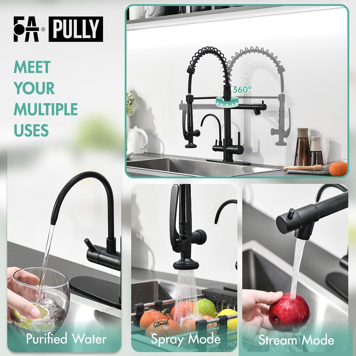 Fapully Commercial Kitchen Faucet with Pull Down Sprayer and Water Filter, Matte Black 3 in 1 Kitchen Faucets with Drinking Water Faucet - Image 4