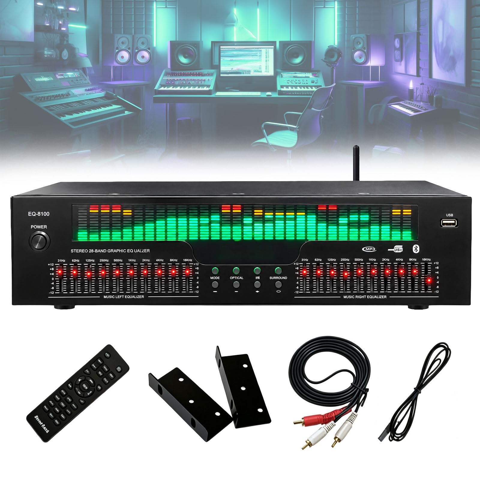 31 pasm korektora graficznego z wyświetlaczem widma LED, 12 wzorów rytmicznych | Podwójny 10-segmentowy niezależny tuning, Bluetooth 5.3 Optical Coaxial Digital Audio Decoding, do stadionu, studia nagrań