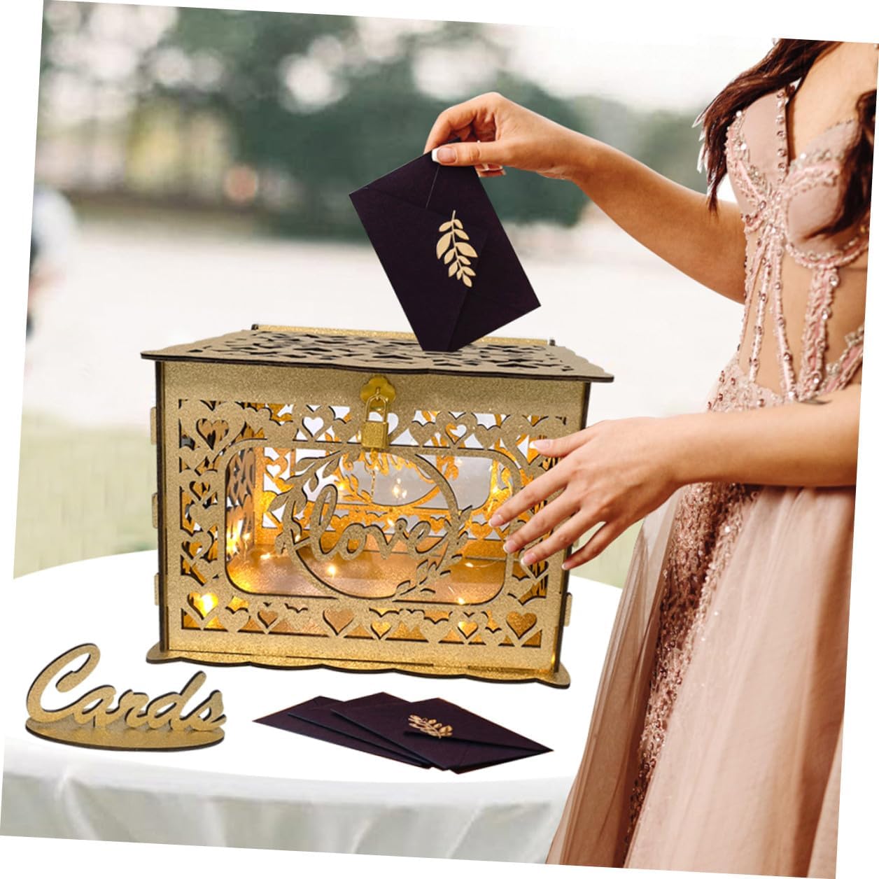 Wooden Hollow Wedding Card Box with Glitter Portable Card Holder for Anniversary and Birthday Party Decorations