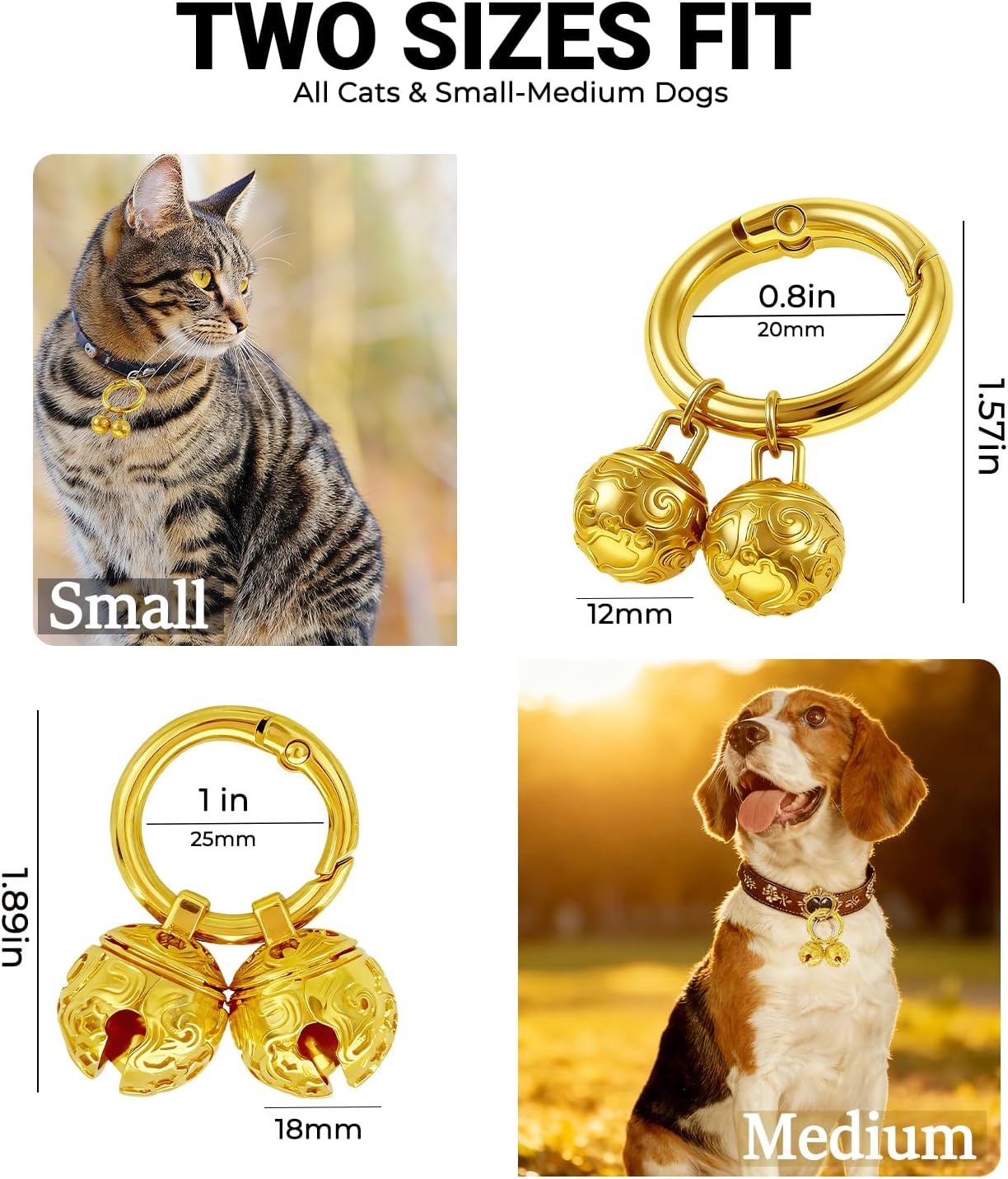 Dog Bells for Collar - 2 Pack Gold Plated Brass Dog & Cat Bells with Engraved Protective Charm, Quick Clasp for Anti-Lost Tracking, Gift for Small & Medium Pet Lovers (Gold,S+M)
