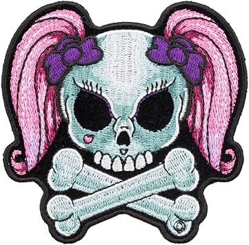 PatchStop Pigtails Skull Crossbones Pink Iron On Patches for Clothing Jeans - 3.5x3.5in Small DIY Sew On Patch for Jackets Bags - Embroidered Decorative Girly Skull Patches