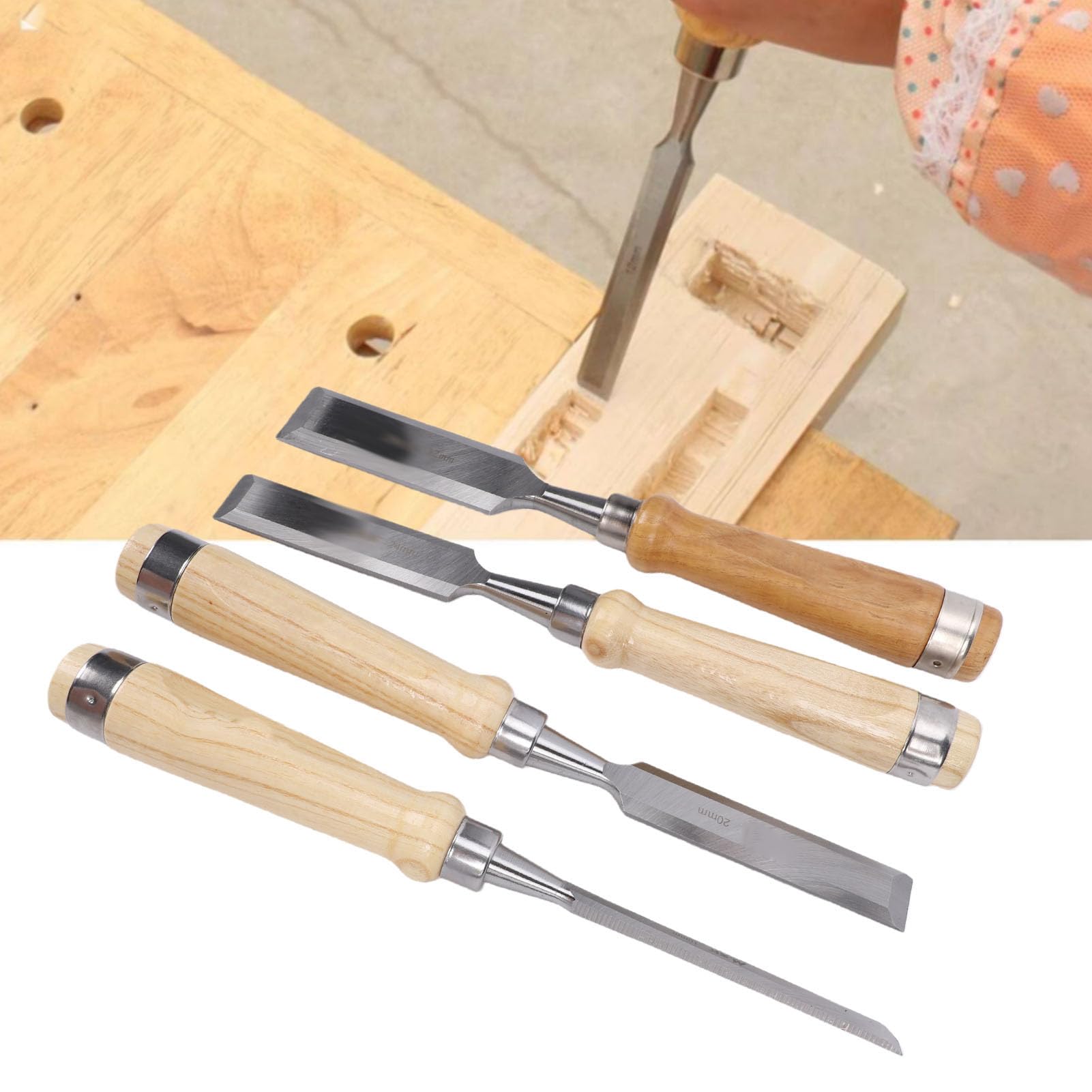 SIXRUN Set di Scalpelli per Legno Scalpelli per Legno in Acciaio CR V 4 Pezzi Lama Smussata da 10 20 24 32 Mm con Manici e Custodia per Carpenteria Falegnameria Intaglio Modellazione