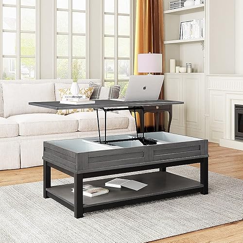 Lift Top Coffee Table Pop-Up Tabletop with Hidden Compartment and Seperated Lower 3 Cube Open Shelves, Wood Coffee Table for Living Room/Office (Gray+Wood)