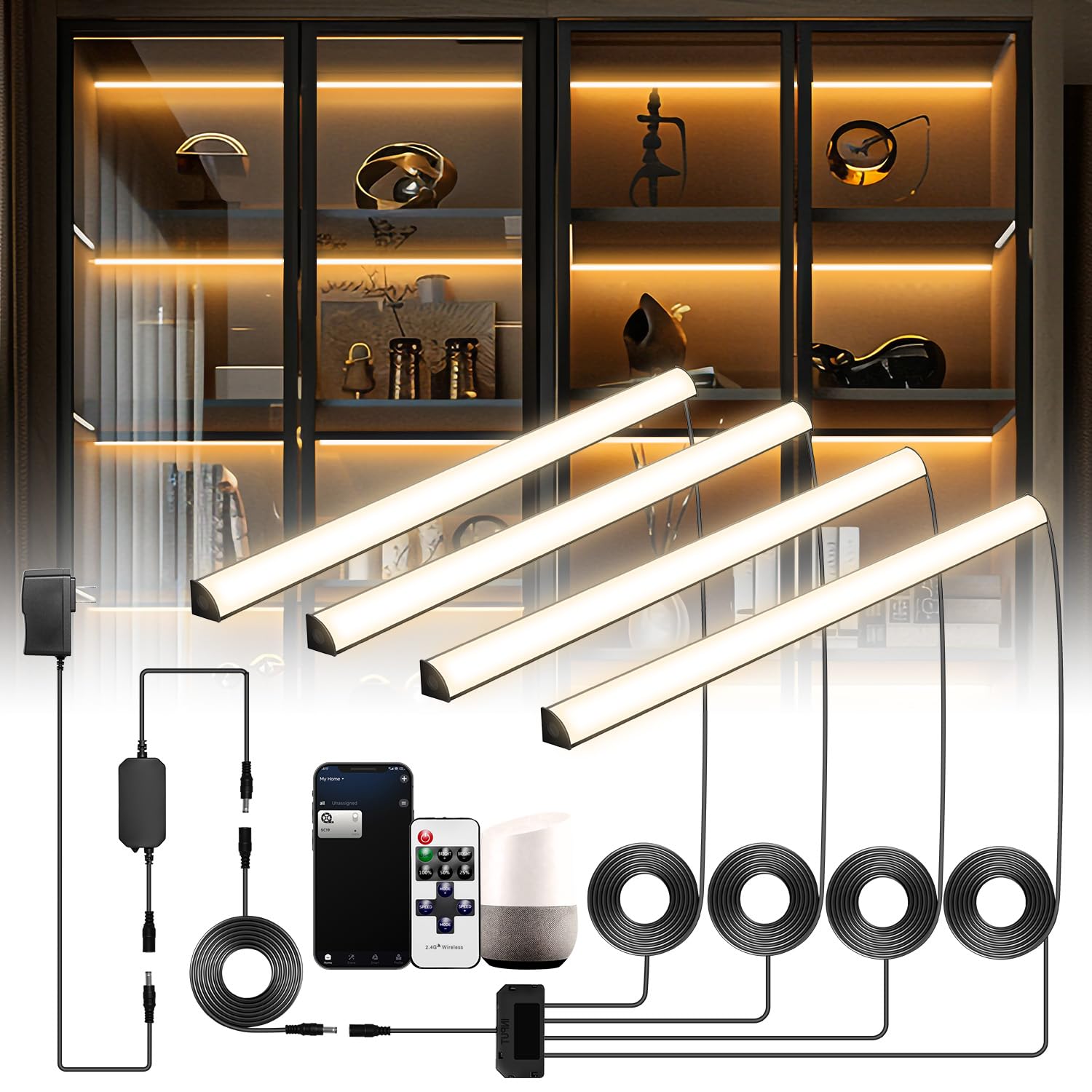 Luci LED per Libreria Nere, Barra LED Sottopensile, Compatibile con Alexa, WiFi Dimmerabile 2700K, Illuminazione Sotto Mensola per Vetrina, Cucina con App, Telecomando e Memoria (4 Pack 30cm)
