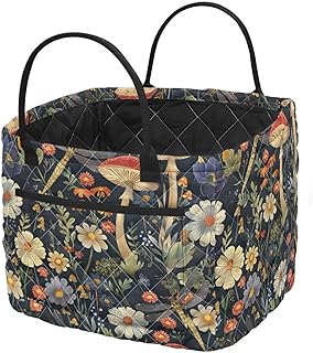 Mushrooms Quilted Storage Basket for Organizing, Basket Organizer Gift Baskets with Handles, Flowers Storage Bins for Toys, Books, Towels, and Clothes