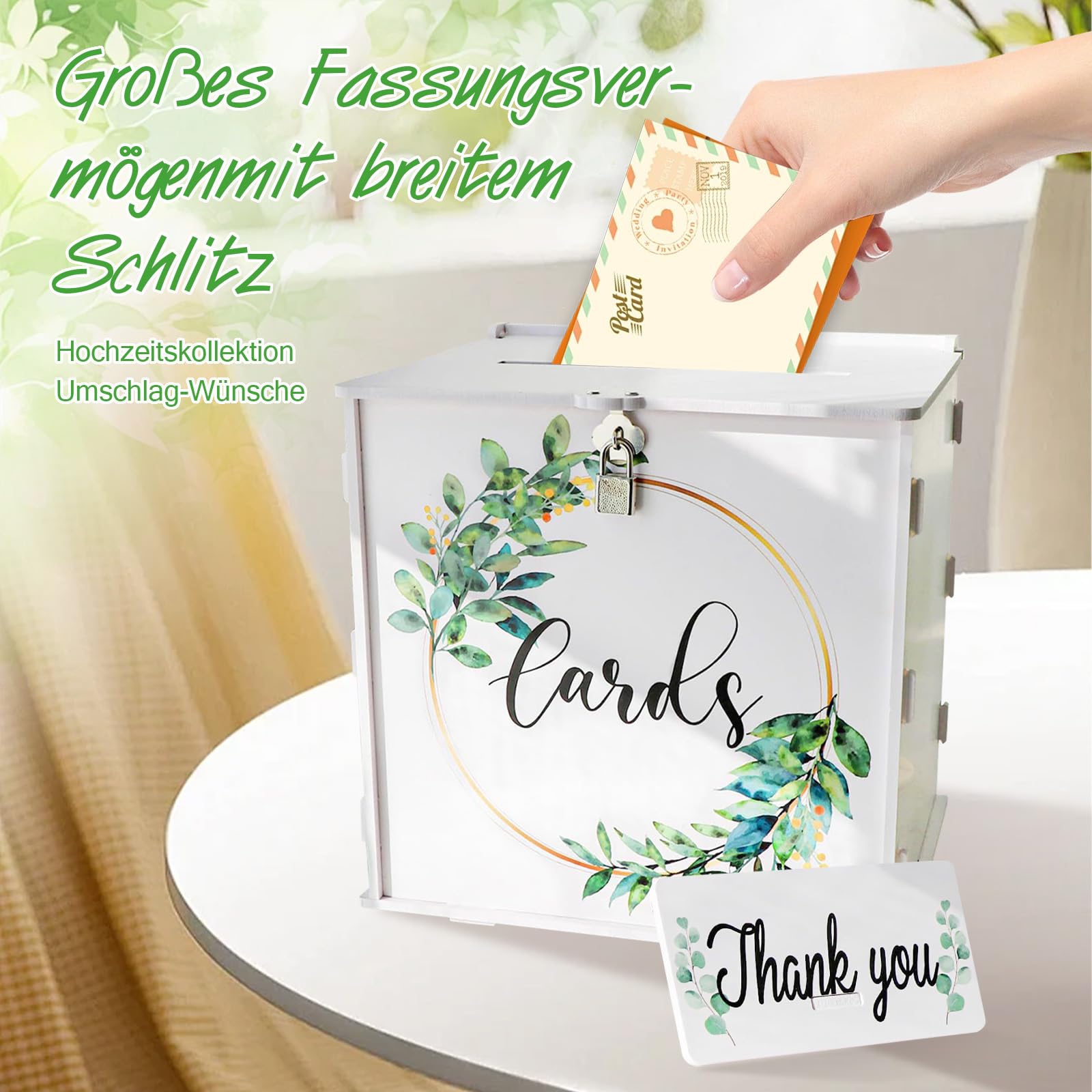 Caja para tarjetas de boda con candado, caja de regalo de PVC blanco para recepción de boda, eucalipto, manualidades, boda, sobres de dinero, caja de tarjetas, para fiestas, graduaciones, baby