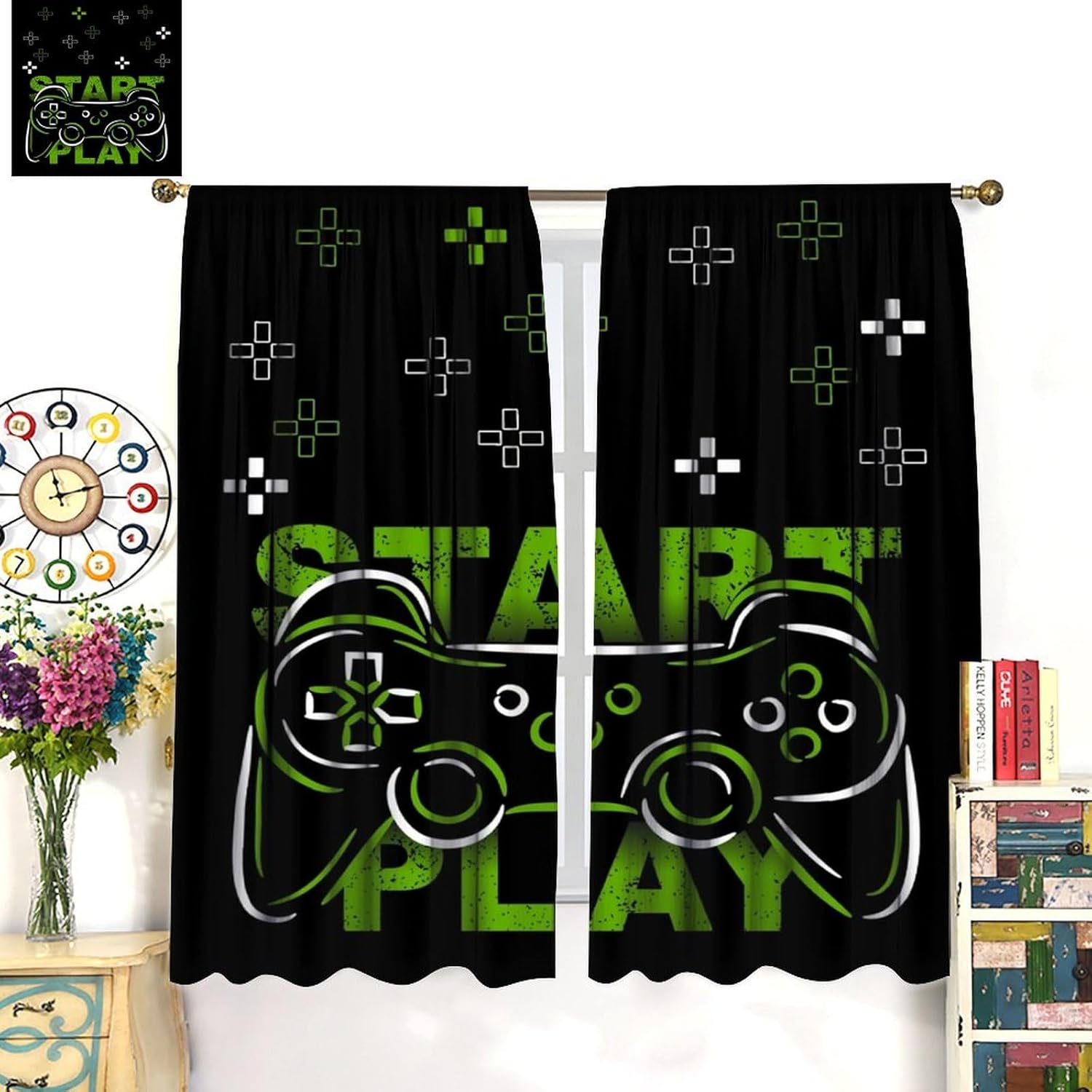 Kids Boys Window Curtain,Gamer Gaming Video Game Gamepad Controller Curtains for Living Room Bedroom Set of 2 Panels Rod Pocket Drapes 42x45 Inch, Green Black