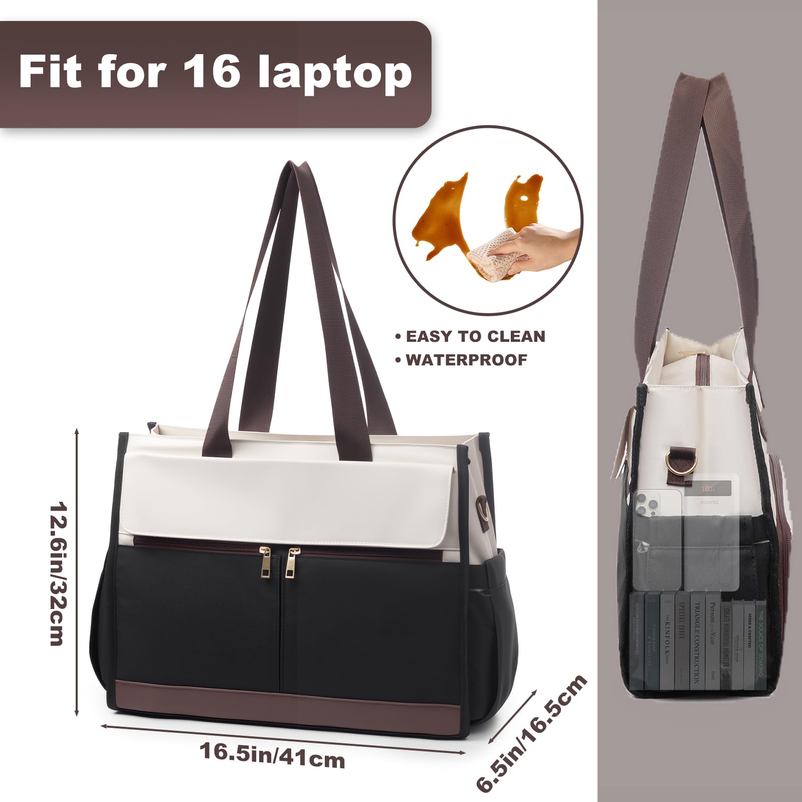 Borsa Da Lavoro 2 In 1 In Pelle PU Per Donna Con Scomparto Termico Per Pranzo E Laptop 15.6'' - Borsa Tote Grande Capienza Nera Impermeabile - 3