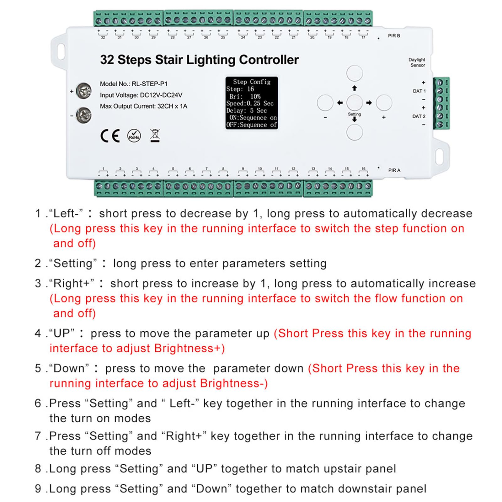 32CH PIR Sensor Controlador de luz de escalera Cuerpo - Interruptor inductivo infrarrojo, interruptor de panel, controlador infrarrojo de 32 pasos, controlador de iluminación de escalera LED