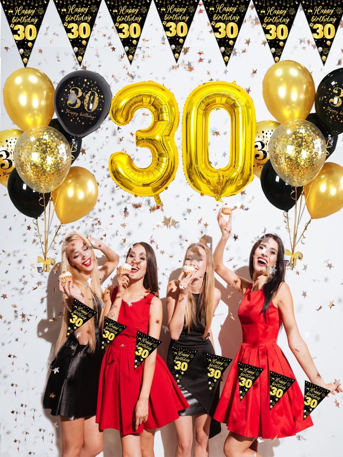 ENLACE 30e verjaardag decoratie zwart goud banner - slinger voor mannen en vrouwen - Cheers to 30 Years - Happy Birthday