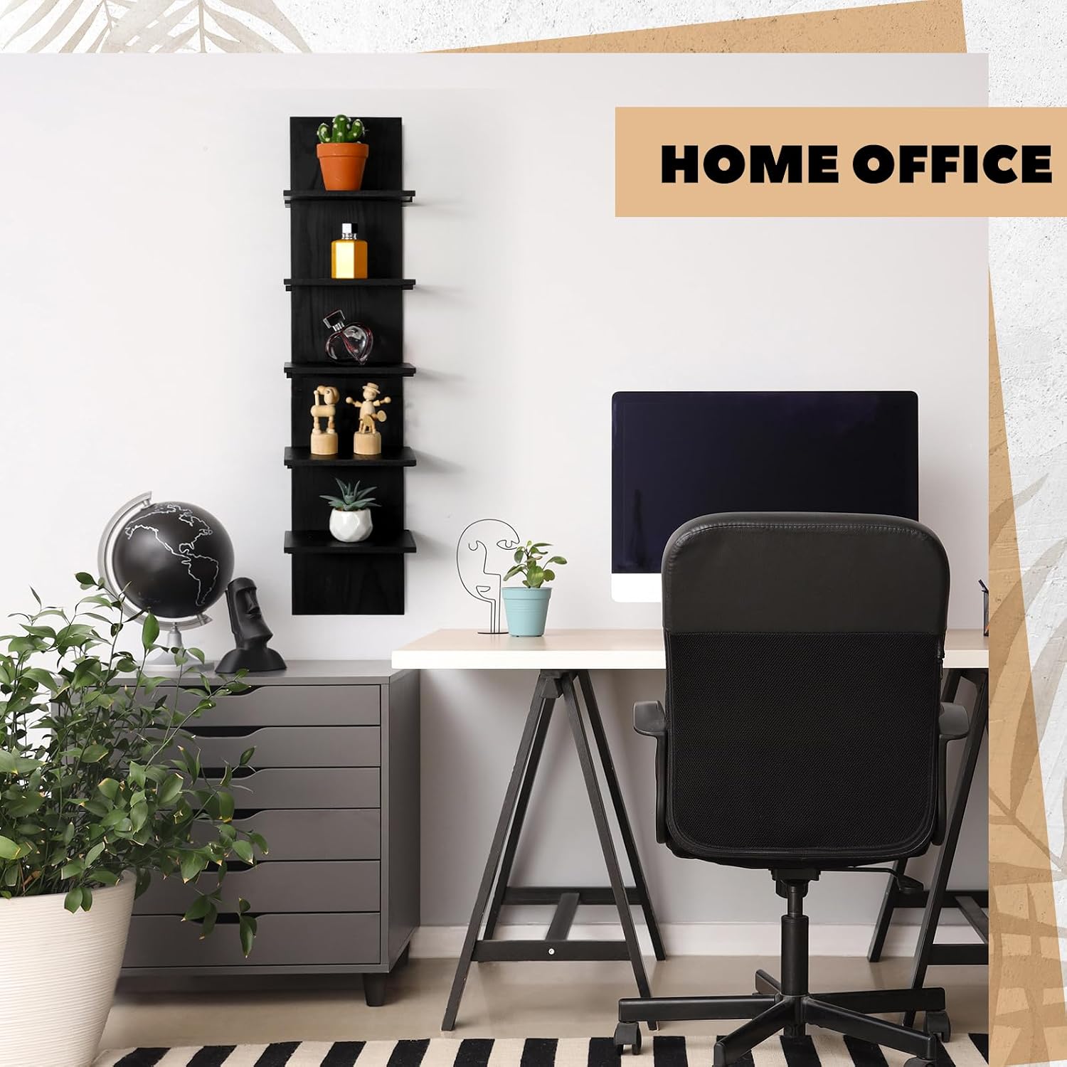 Yuntau 2 Pieces 5 Tier Black Wall Shelves for Bedroom 31.4 Inches Split Assembly Type Mount Vertical Wall Shelf Column Lack Hanging Floating Shelf for Storage Organizer Living Room Home image 5