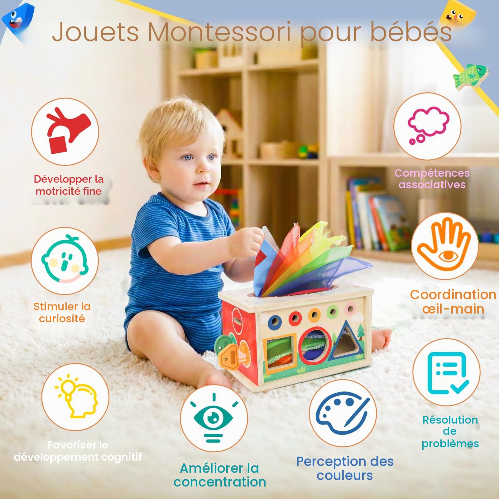 LZDMY Jouet Montessori Bebe 6-12 Mois, 9 en 1 Jouet en Bois Boîte à Mouchoirs Bébé, Jeux Montessori Enfant 1 2 3 Ans, Jeux Éducatif Eveil Motricité Bébé Idéal Cadeau pour Garçon Fille