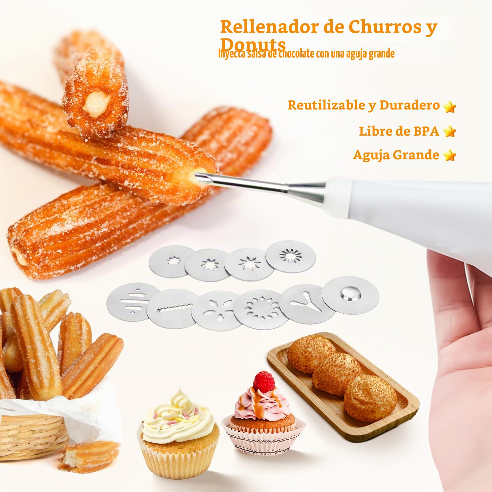 Churro Maker Máquina de acero inoxidable Kit de pistola Churro con 4 discos para Churro hueco, 5 discos para galletas, 6 boquillas para glaseado, 2 cepillos limpios para postres y galletas DIY