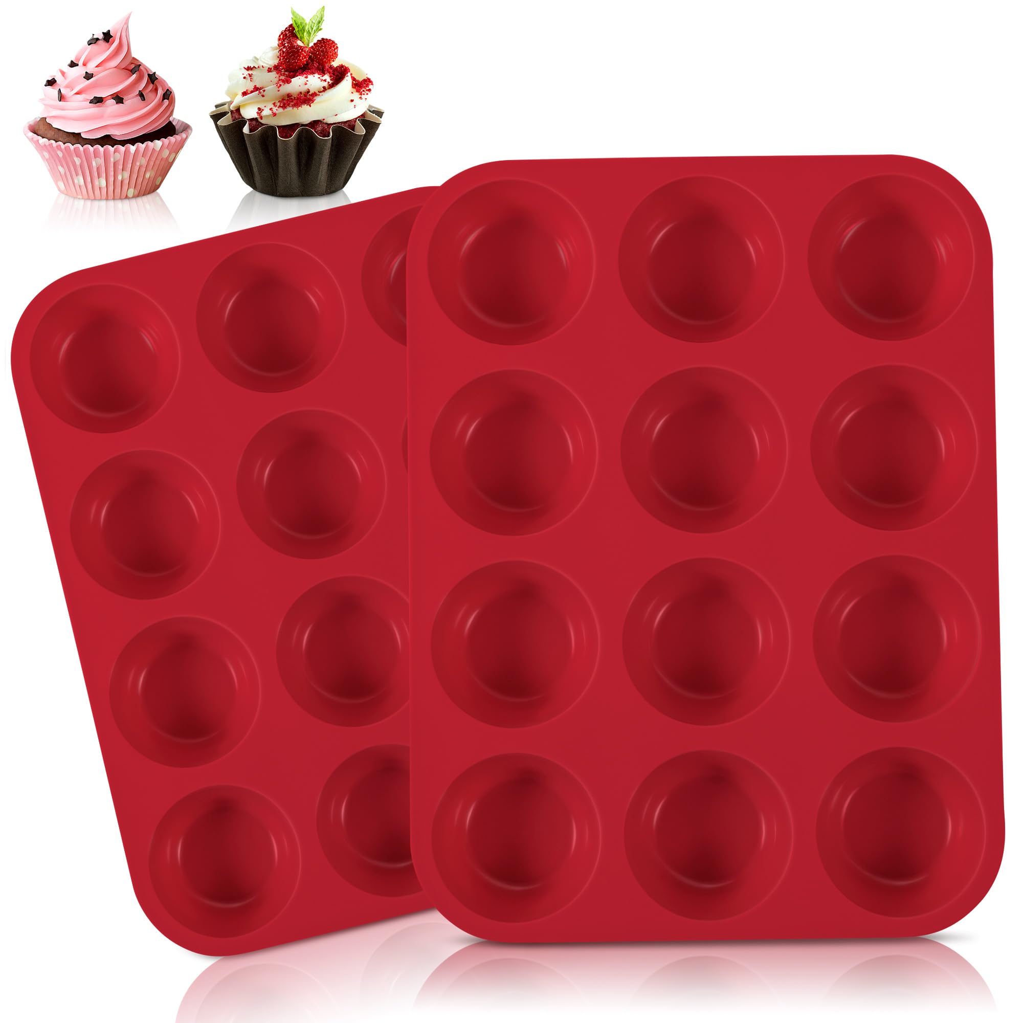 Leseed Stampo per 12 Muffin in Silicone Senza BPA, Antiaderente e Riutilizzabile, Facile da Pulire in Lavastoviglie (Rosso