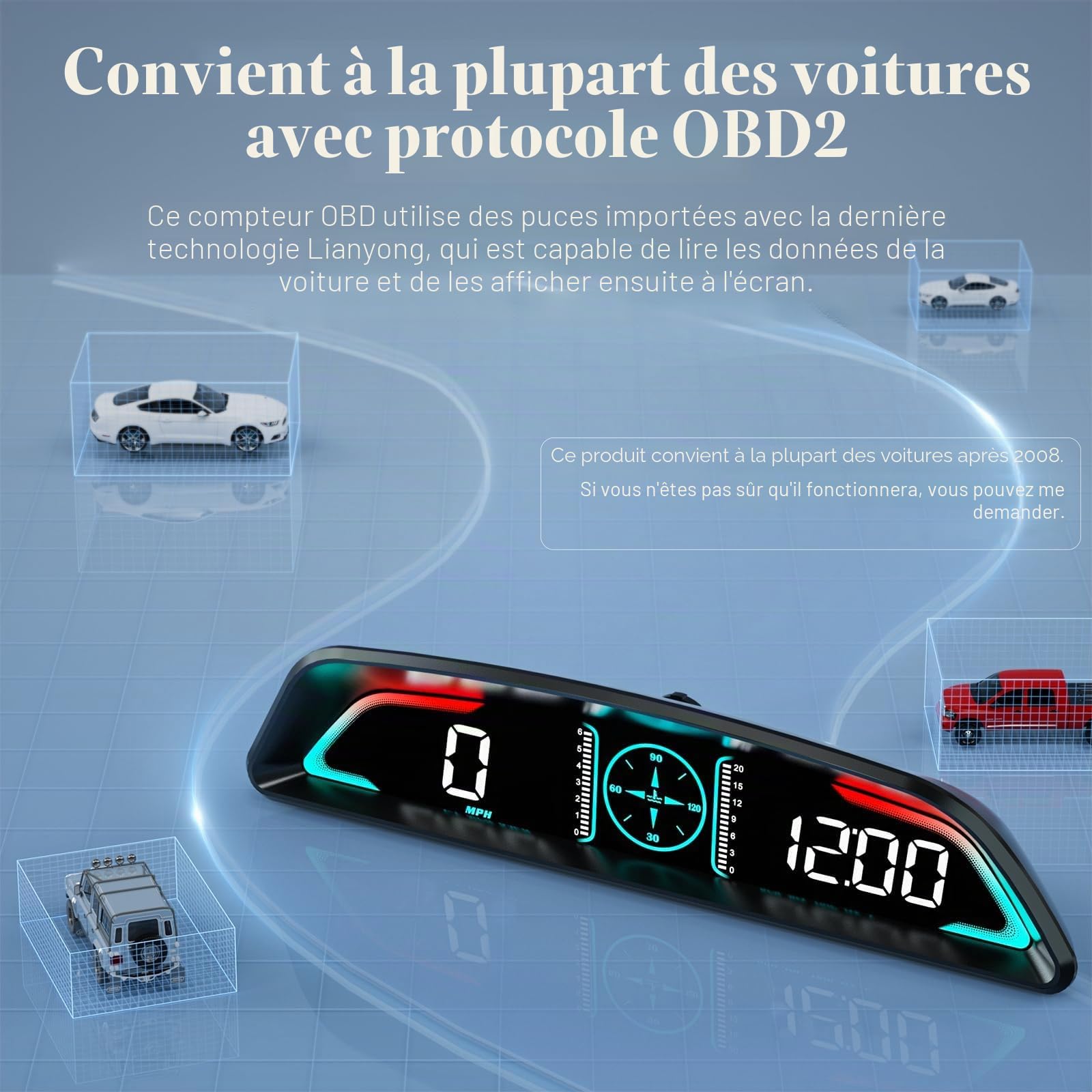 Écran HUD Head Up de voiture, MPH et KM/H, AMROOLOO, Heads Up Display Car, affichage de la vitesse de la voiture, RPM, Time et autres fonctions, speedomètre numérique automatique MPH