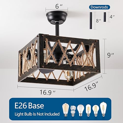 Miniatura 6 de Ventilador de techo de cuerda de cáñamo con luz, ventilador de techo rústico de 4 luces con luces y control remoto, ventilador de techo para sala de