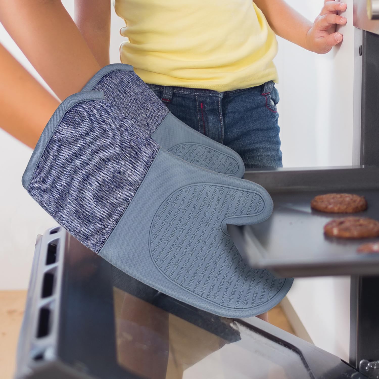 Homewear Marlow - Juego de 2 manoplas de horno de silicona extralargas, resistentes al calor y antideslizantes, algodón reciclado con forro suave, guantes de cocina gruesos para cocinar, color pizarra