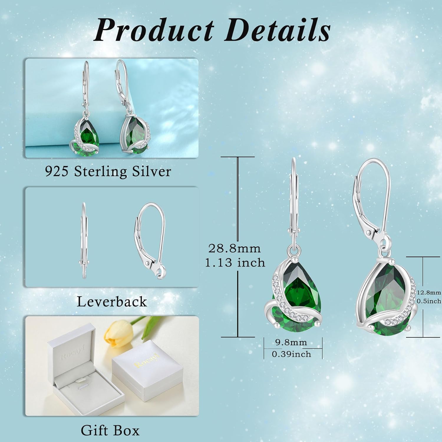 Teardrop Earrings for Women 925 Sterling Silver Dangle Drop Leverback Earrings Birthstone Jewelry Gifts for Wife Mom Girlfriend Her - Image 6