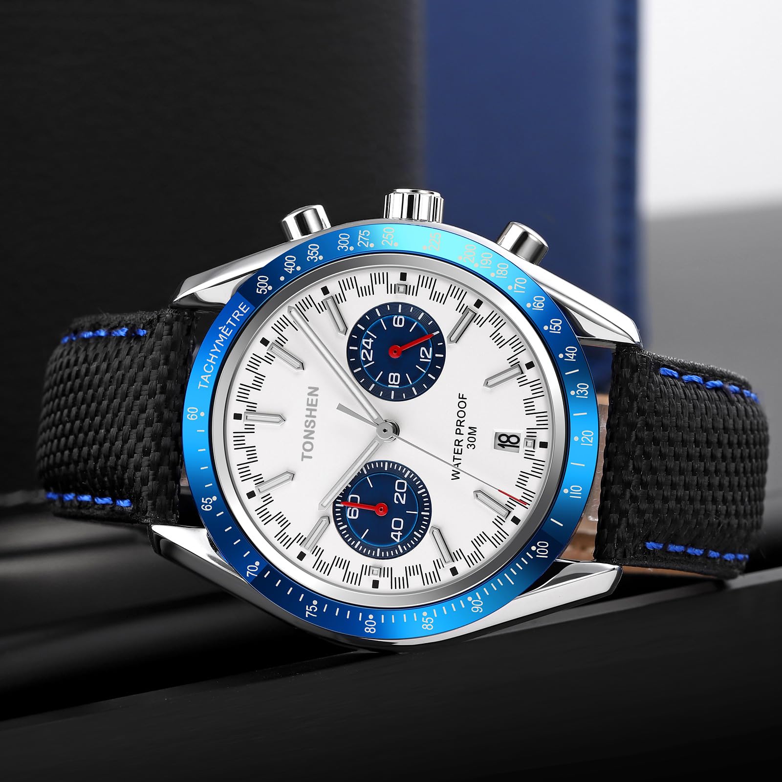 TONSHEN Herrenuhr Kleines Zifferblatt Stoppuhr Kalender Analog Quarz Outdoor Sport Armbanduhr Edelstahl Lünette mit Leder Band Uhren