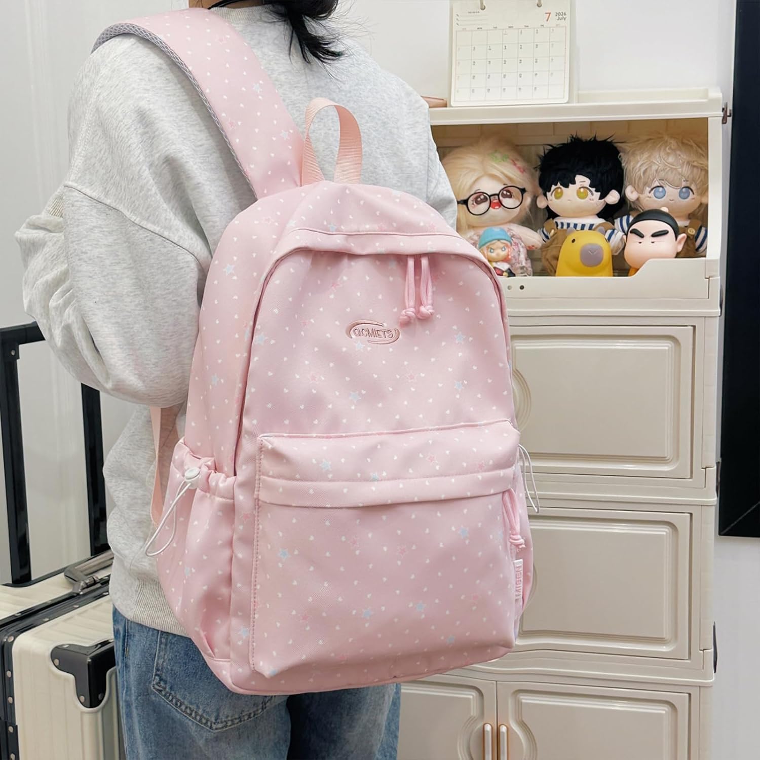 Cute Aesthetic Backpack Y2K Simple Heart Star Print Kawaii Backpacks Travel Laptop Rucksack Backpack for Women (Pink)