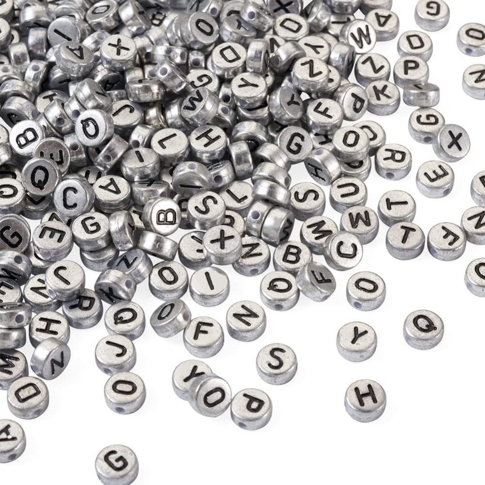 Silver Plated Acrylic Letter Alphabet Flat Round Disc Coin Pony Beads for DIY Bracelet Necklace Jewelry, 1000 Pieces - 7mm