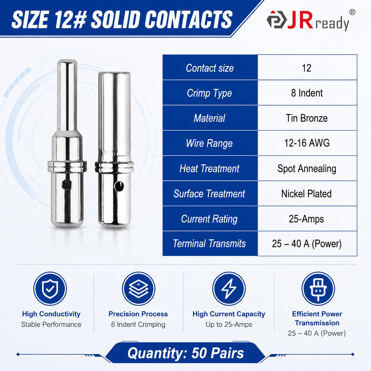 JRready Deutsch DTP contactos sólidos Pin & Soc Tamaño 12, ST6294-050 DTP Series Kit de terminales de conectores eléctricos, Pin 0460-204-12141/Socket 0462-203-12141 Calibre de cable de terminal