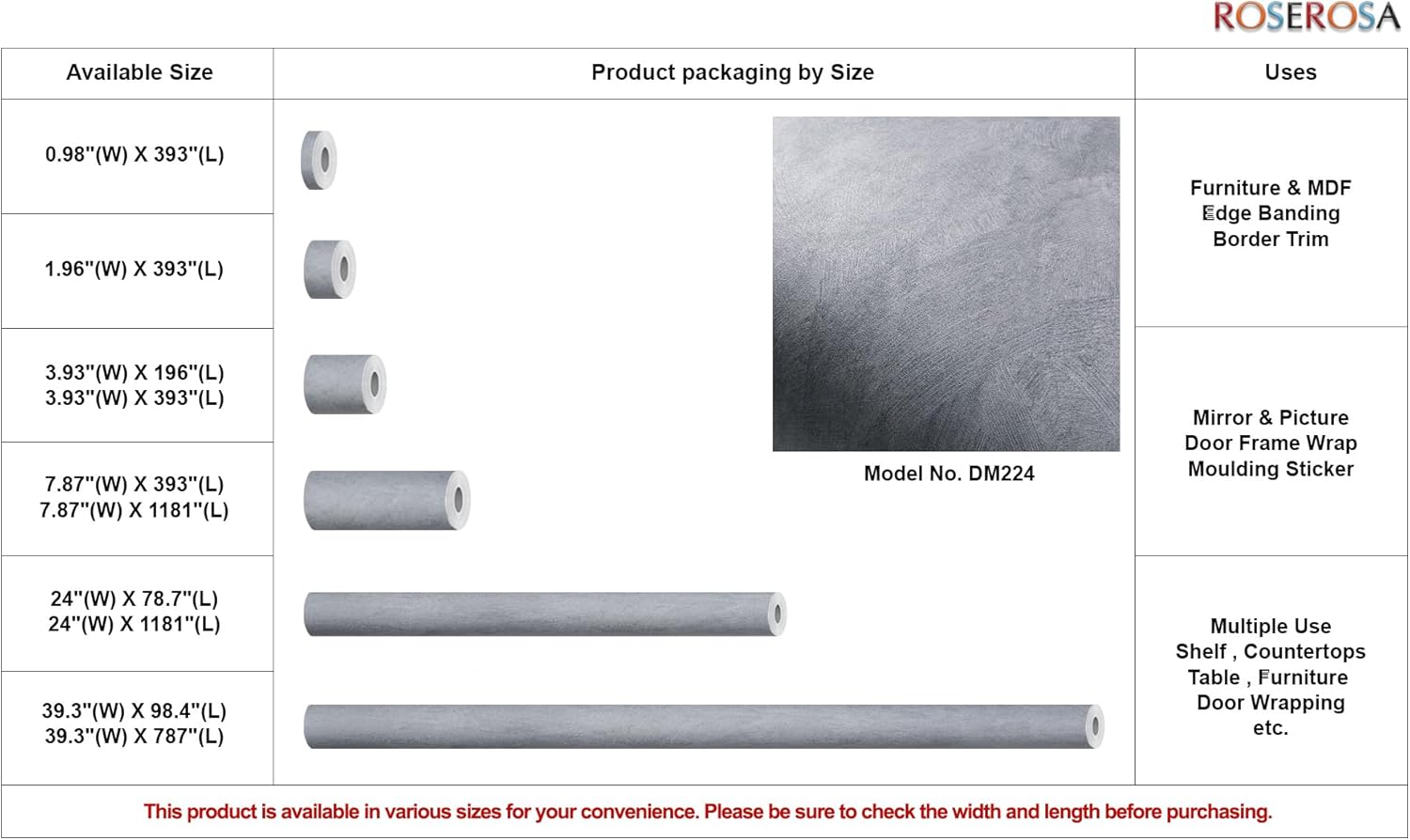 ROSEROSA Peel and Stick Faux Concrete Architectural Film Self-Adhesive Vinyl Film Wallpaper Door Wrap Counter Top Border Mirror Molding Trim DM224