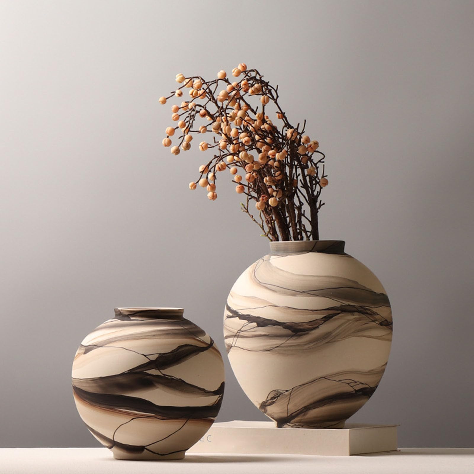 Rustykalny wazon ceramiczny w stylu vintage, wystrój stołu wiejskiego z szerokimi ustami, duże wazony dekoracyjne do wystroju domu, salon, stylizacja przedpokoju i półki, beżowy,M