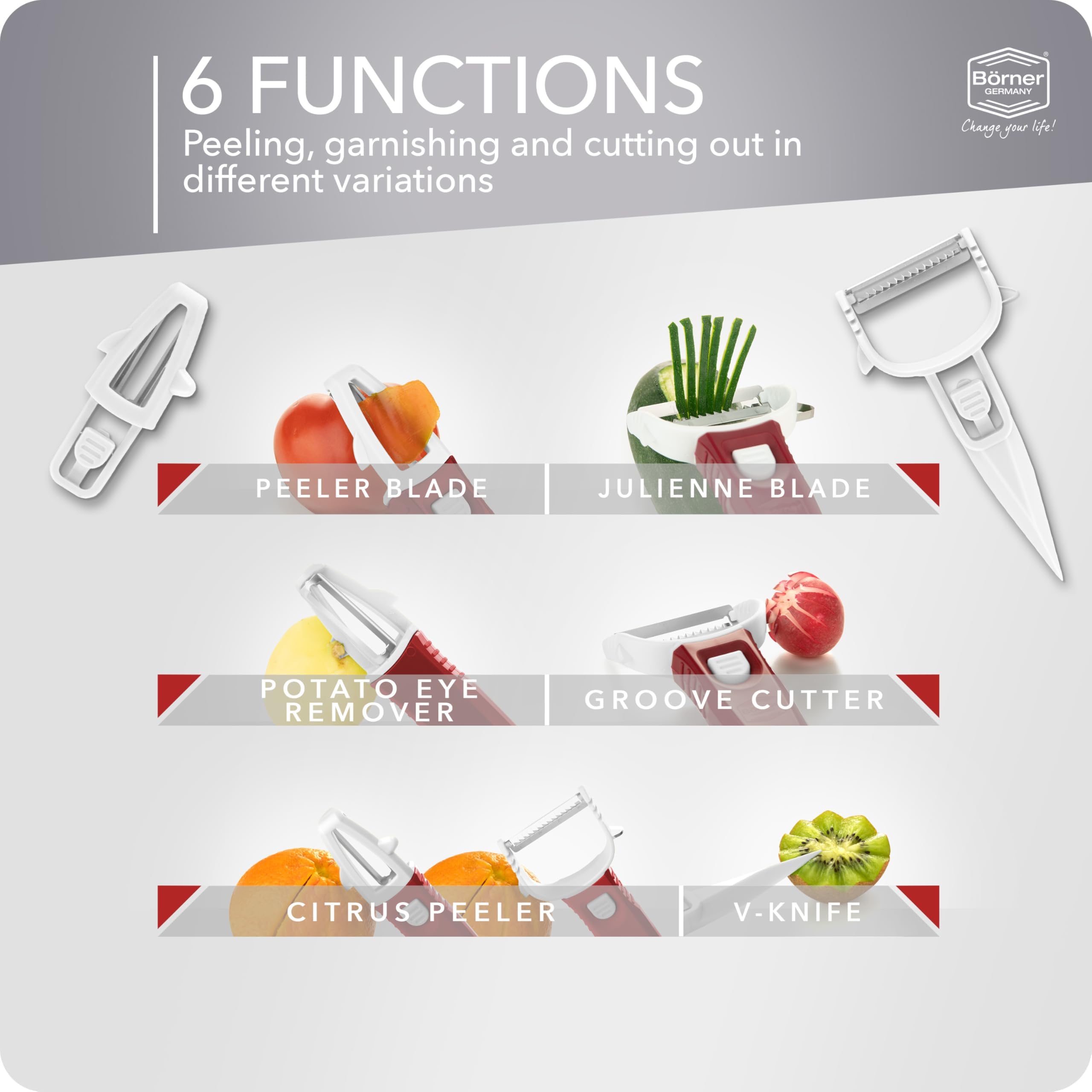 Börner Multi Peeler (3-in-1) • Julienne Cutter, Potato Peeler, Y-Peeler in One • Multifunctional Vegetable Peeler • Fruit Peeler for Peeling, Slicing, Garnishing • Color: White