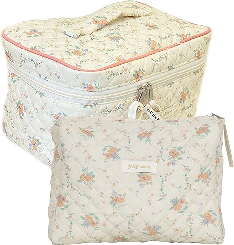Bolsa de maquillaje de algodón floral, bolsa de cosméticos de viaje, bolsa de cosméticos acolchada, bolsa de aseo floral estética coqueta para damas