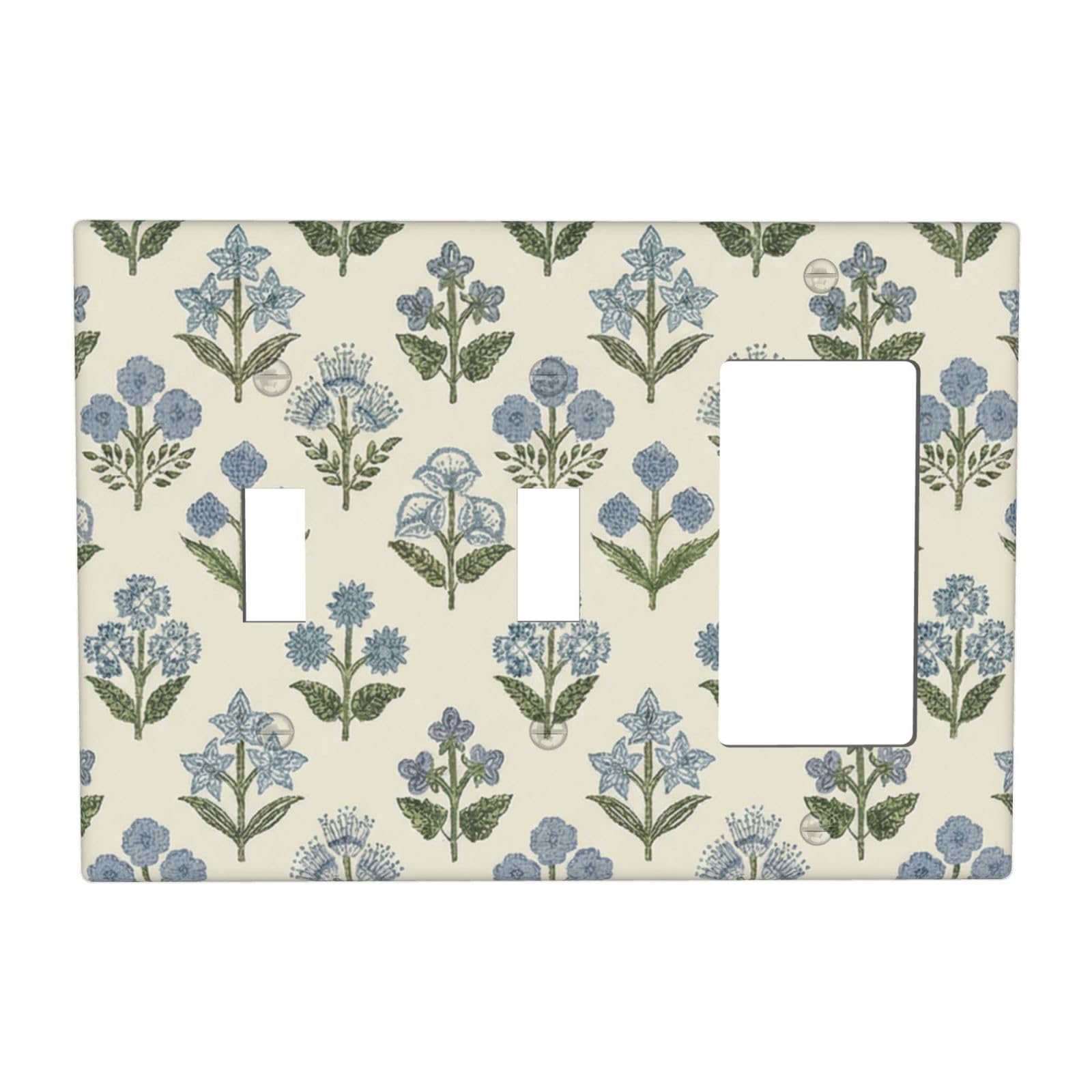 Beige Vintage Blue Floral Boho Flower 3 Gang 2 Toggle 1 Decorator/GFCI Combination Light Switch Cover Decorative Triple Combo Switch Face Wall Plate Room Decor