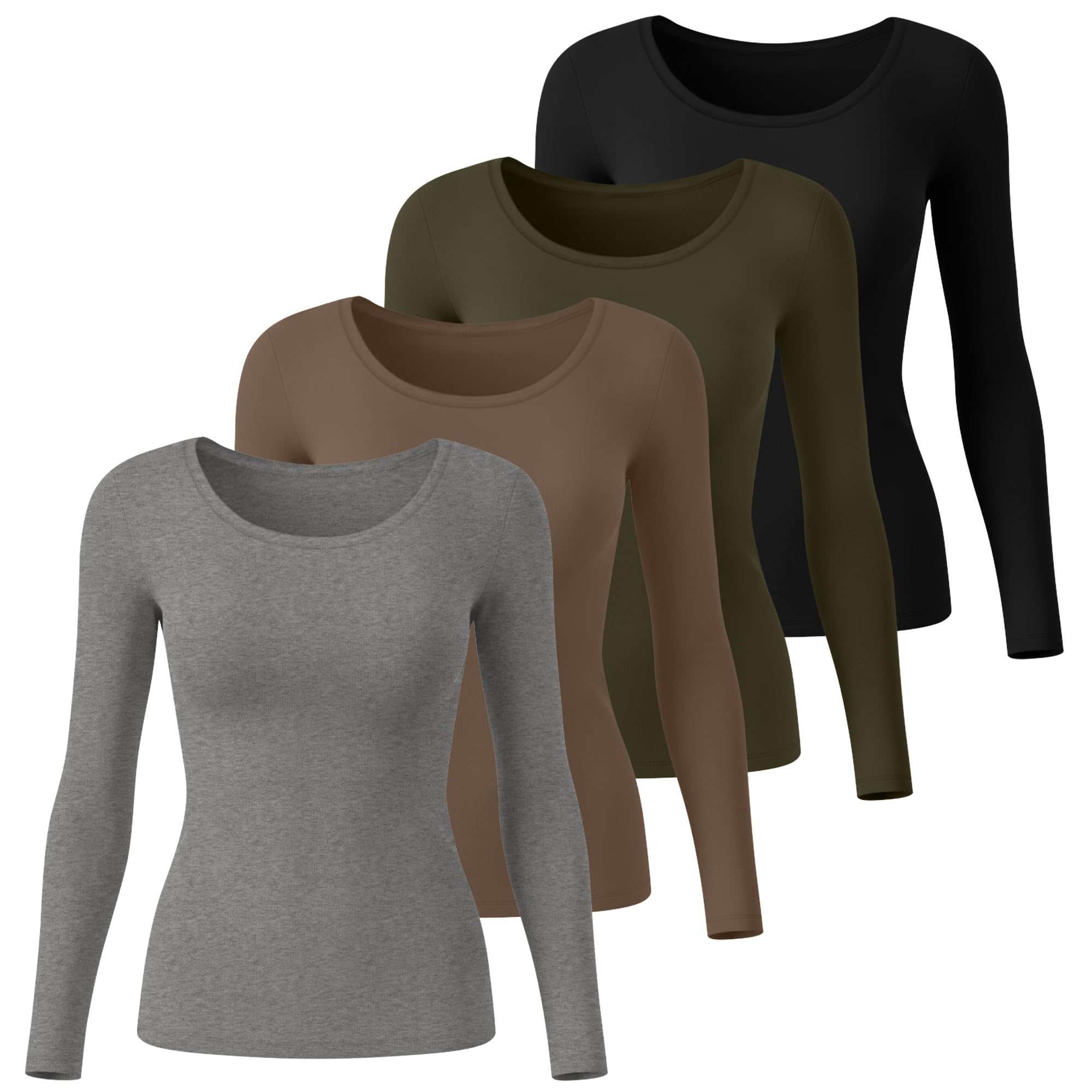 Neer Lot de 4 chemises à manches longues et col rond pour femme - Coupe ajustée - Couche de base extensible - Décontractée - Automne